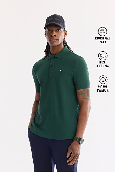 Avva Men's Dark Green Non-Curling Polo Collar 100% Cotton Basic T-Shirt B001032