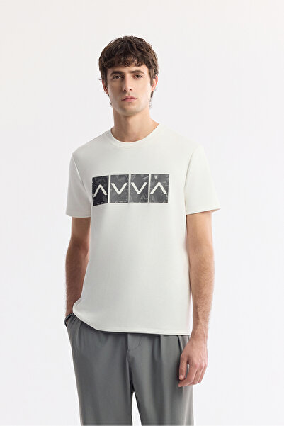 Avva Men's Ecru Crew Neck Printed Bi-Stretch Interlock Regular Fit T-Shirt A5...