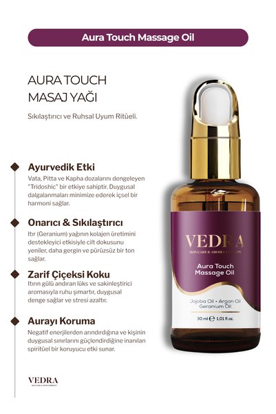 VEDRA AROMATHERAPY & SKINCARE Aura Touch Massage Oil — Jojoba Argan Geranium Blend Aromatherapy & Skin Care Oil / Massage Oil 30 ml