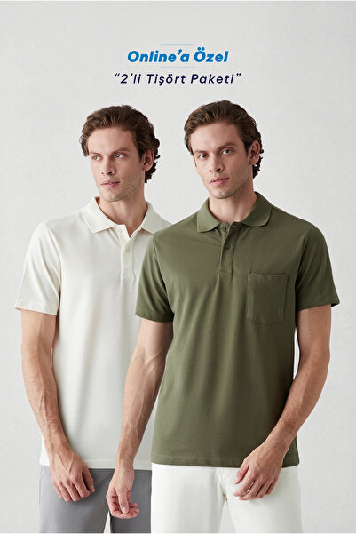 Kiğılı Düğmeli Polo Yaka Cepli Regular Fit Pamuklu Düz 2'li Paket Tişört Seti
