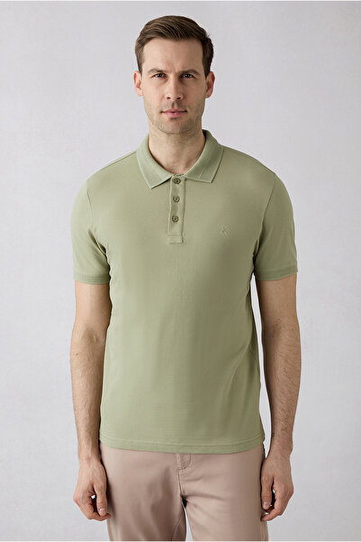 Kiğılı Non-Curling Polo Collar Slim Fit Slim-Fit Cotton T-Shirt with Ribbed D...