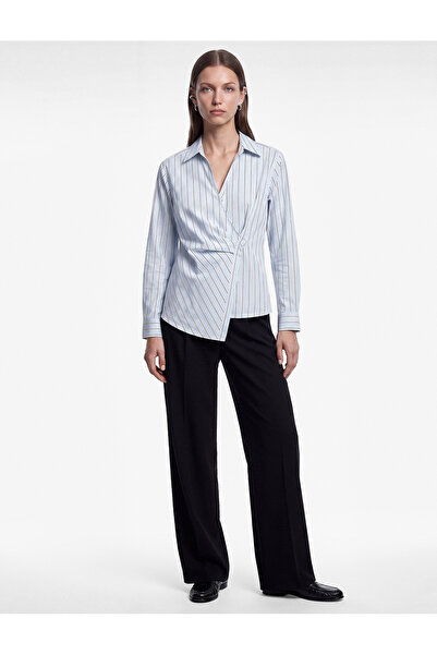 Koton Asymmetrical Cut Cotton Classic Collar Long Sleeve Striped Double-Breas...