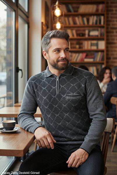 Kamalı Men's Gray Anti-Pilling Standard Fit Polo Neck Knit Sweater with Pockets