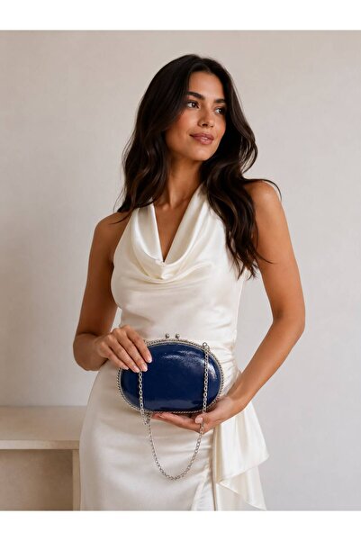 womenacs Navy Blue Color Rustic Material Design Evening Dress Clutch with Cha...