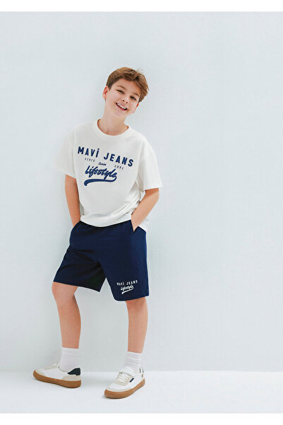 Mavi Pamuklu Loose Fit Logolu Normal Bel Short Erkek Çocuk SHORT 6410019
