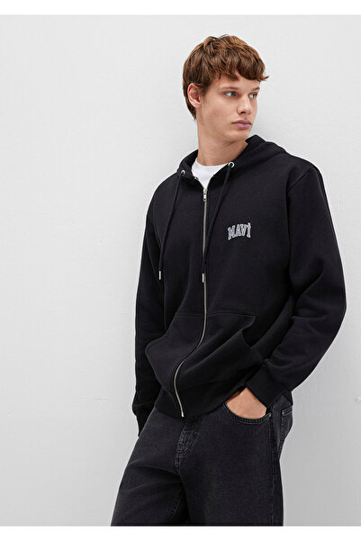 Mavi Logo Baskılı Kapüşonlu Fermuarlı Siyah Sweatshirt 0611715-900
