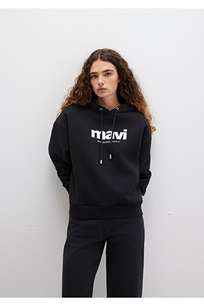 Mavi Logo Baskılı Kapüşonlu Siyah Sweatshirt 168334-900