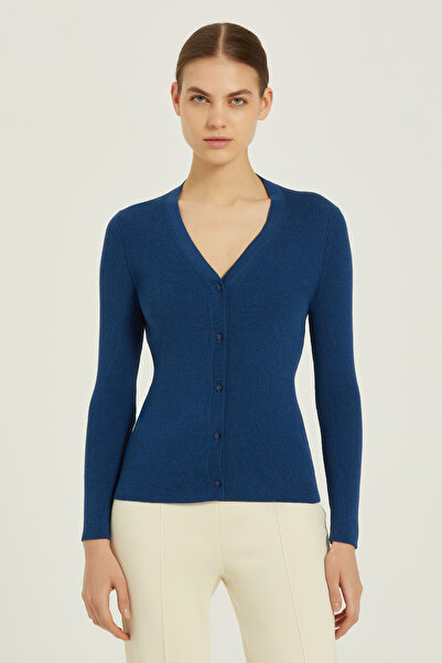 Triko Mısırlı Navy Blue V-Neck Ribbed Women's Cardigan