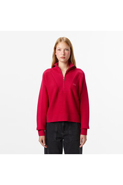 Lacoste Kadın Classic Fit Yarım Fermuarlı Kırmızı Kazak