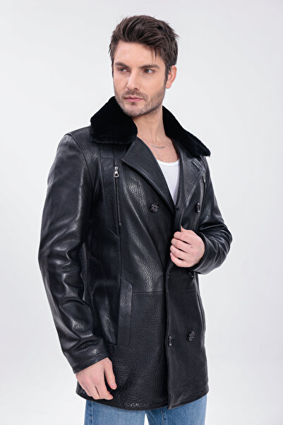 Metins Leather Erkek Yakası Kürklü Hakiki Deri Kaban 1106Jumbo