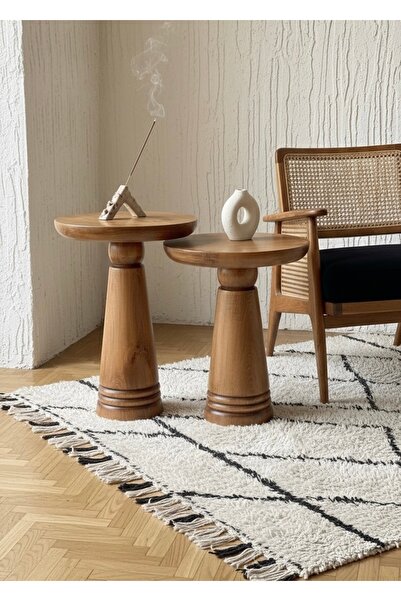 ASELYA HOME Doğal Ahşap 2’li Set Mantar Yan Sehpa Modern Fiskos Zigon Çiçeklik