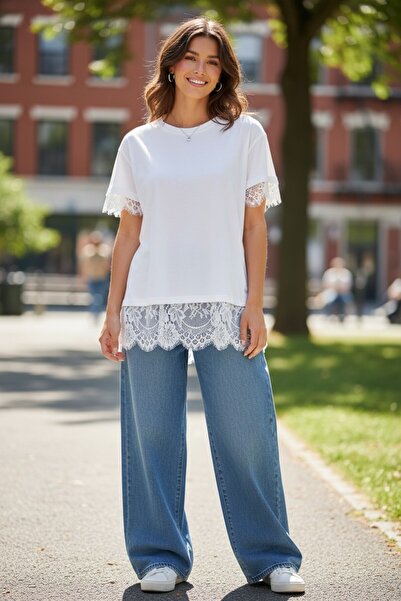 Mandala Tekstil Kadın Oversize Dantel Atletli İki Parça Tshirt