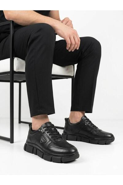 Lütfi Men's black genuine leather orthopedic daily sneaker shoes