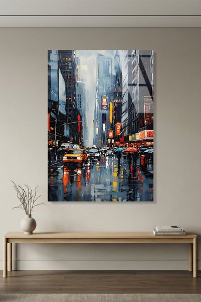Vitraum Rainy New York Street and Yellow Taxis Glass Painting, Home and Offic...