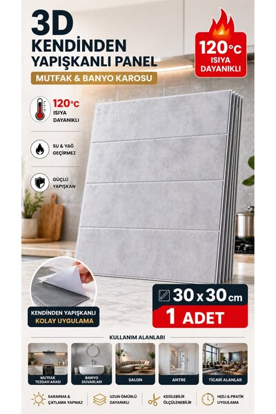 Örtücüm 3D Kendinden Yapışkanlı Panel 30x30 cm | 120°C Isıya Dayanıklı Mutfak...