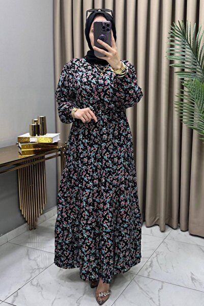 ALYA NERGİS ELBİSE 1. Sınıf Viskon Kumaş Kadın Siyah Çiçek Desenli Üstten Düğ...