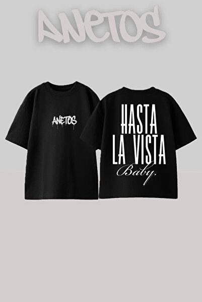 Anetos Tricou oversize negru din bumbac cu imprimeu pe spate Hasta La Tasarım