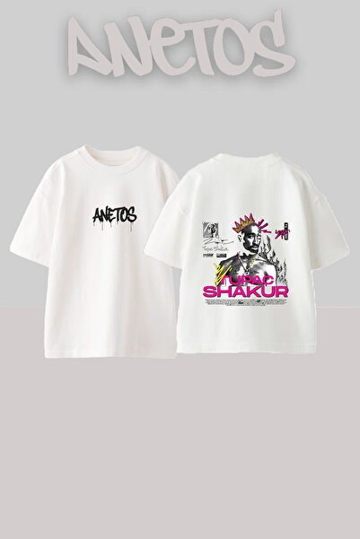 Anetos T-shirt Tupac Shakur 1 με στάμπα στην πλάτη, βαμβακερό, λευκό, oversized