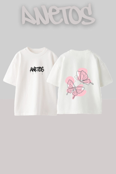 Anetos Tricou oversize alb din bumbac cu imprimeu pe spate Pink Butterflies D...