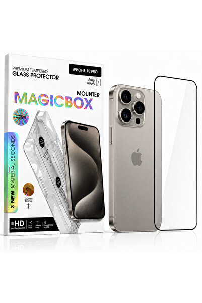 iPhone 15 Pro Temperli Cam Ekran Koruyucu Magic Box Kolay Kurulum 9H Çizilmez Full Kaplama
