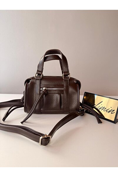 emelimin Women's Brown Leather Look Zippered Strap Hand and Shoulder Bag
