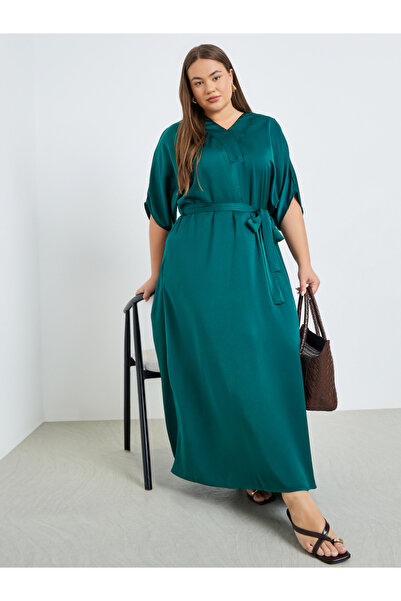 Styli Plus Size Matte Satin Maxi Dress with Tie-Belt