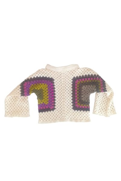 Tokuşka Crocheted White Hand Knitted Women's Cardigan with Motifs