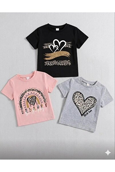 No Plan Girls' Be-Happy Printed 3-Piece T-Shirt [Pink, Gray, Black]