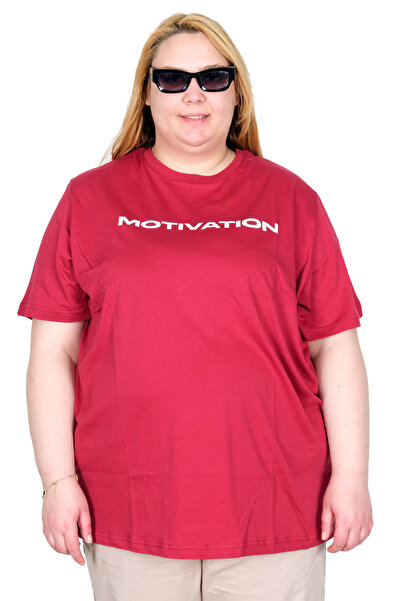 ModeXL Mode XL Real Big Size Women's T-Shirt Bıs Yaka Wanted U26113 Bordo