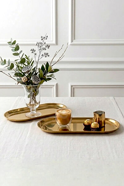 Kitchen Life Set of 2 Large Oval Gold Presentation Plates 30.5 cm