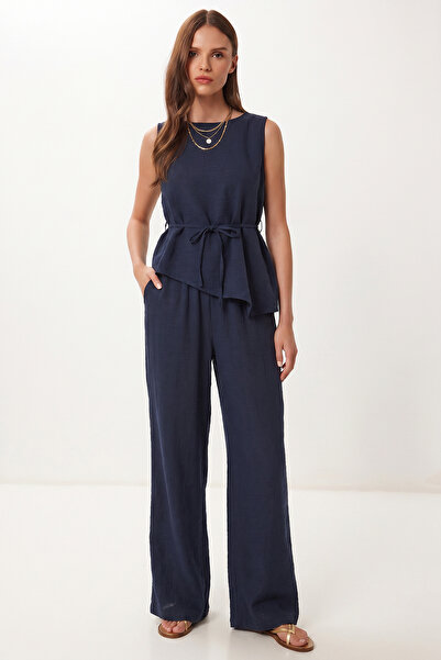 Lovelyİstanbul Asymmetrical Linen Suit with Tie Detail Lby0057 Dark Blue