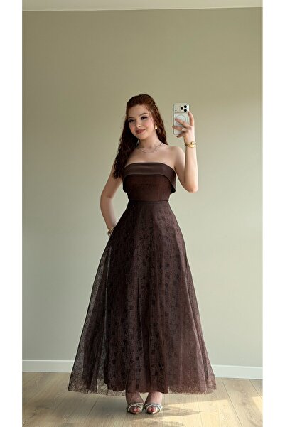 ayşenur Dinçer butik Masal Dantelli Abiye Kahverengi