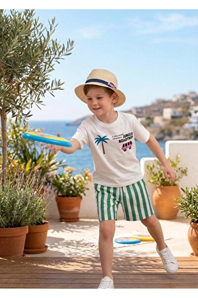 JABBER Striped Shorts and Palm Pattern T-Shirt Set