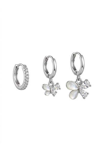serelya Brass Silver Color Butterfly Model 3-Piece Women's Earrings