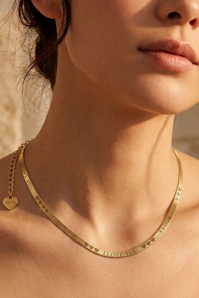 Rua Jewelry Çelik Italyan "Love" Yassı Yılan Kadın Kolye 4 Mm Altın Renk | Ka...