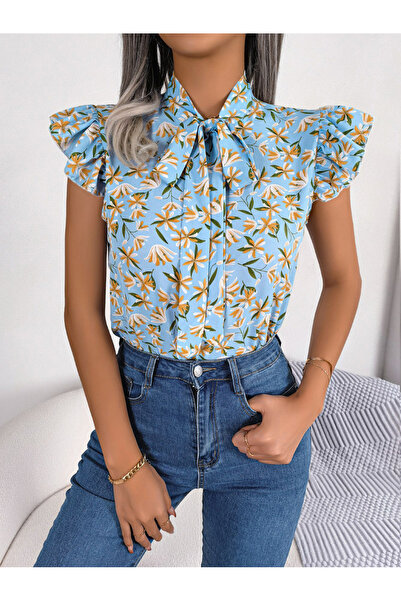 Take Two By Styli Light Blue Floral Sleeveless Tie-Neck Top