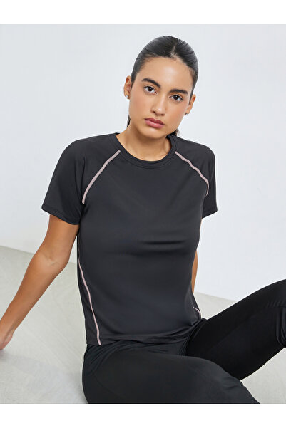 Styli Black Contrast Stitch Detail Short Sleeves Top