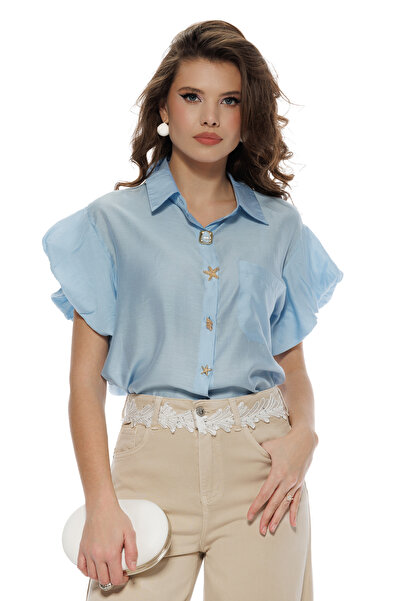 Fofy Camasa dama diafana premium din organza de vascoza baby blue cu nasturi ...