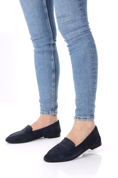 ÜNAL ÖZER Γυναικείο Navy Blue Suede Γνήσιο δέρμα με στρογγυλή μύτη Casual Lof...