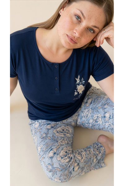 Arzey Navy Blue Lace Collar Detailed Viscose Short Sleeve Plus Size Pajama Set