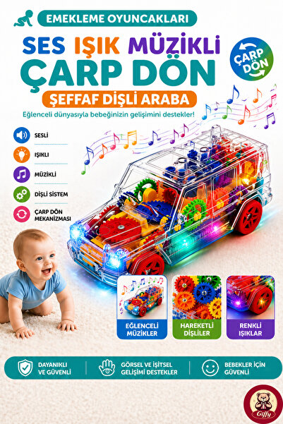 giffy Oyuncak Sesli Işıklı Müzikli Şeffaf Dişli Çarp Dön Oyuncak Araba – Pill...