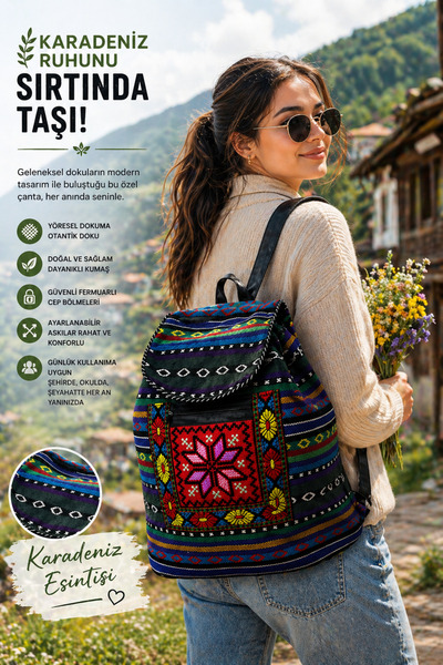 Munico Kilim Desenli Sırt Çantası Otantik Dokuma Modern Tasarım Günlük ve Sey...