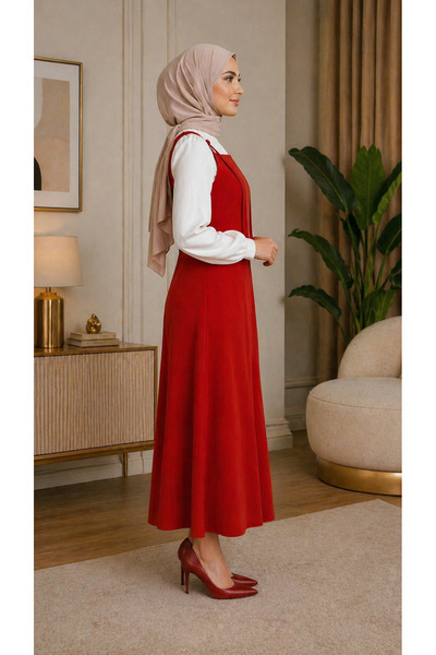 ELMODA Women's Red Crepe Fabric Gilet Dress with Adjustable Strap