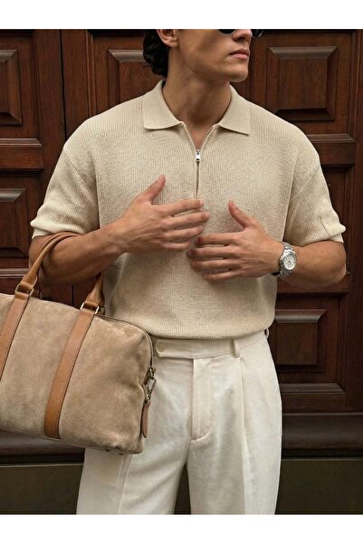 elkumoda Men's Zippered Polo Collar Knitwear T-Shirt - Oversized Knitted Summ...