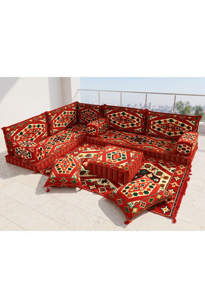 FEYZA DECOR HOME Şark Köşesi Takımı - Yörük Kilim Desenli L Tipi Yer Minderi ...