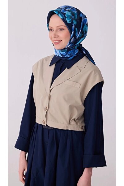 Belli Navy Blue Floral Pattern 100% Twill Silk Scarf