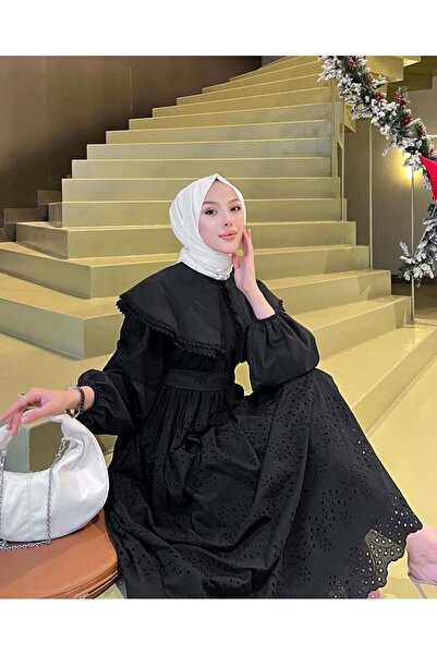 Moda Asrın PELERİN YAKA ASTARLI KEMERLİ %100 PAMUK FİSTO ELBİSE Siyah