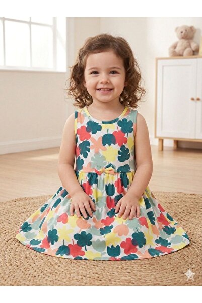 Efemkids 6/9 Years Old Girl's Dress Printed Suspender Bow Dress Summer Wear