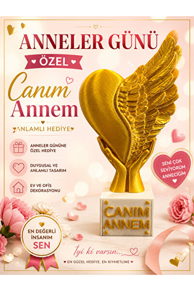 ModuLab 3D Anneler Günü Özel Canım Annem Yazılı Kalp & Melek Kanadı Dekoratif...