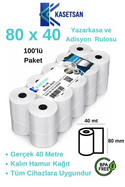 Kasetsan 80x40 Yazarkasa Pos Rulosu 100'lü Paket Termal Adisyon Kağıdı